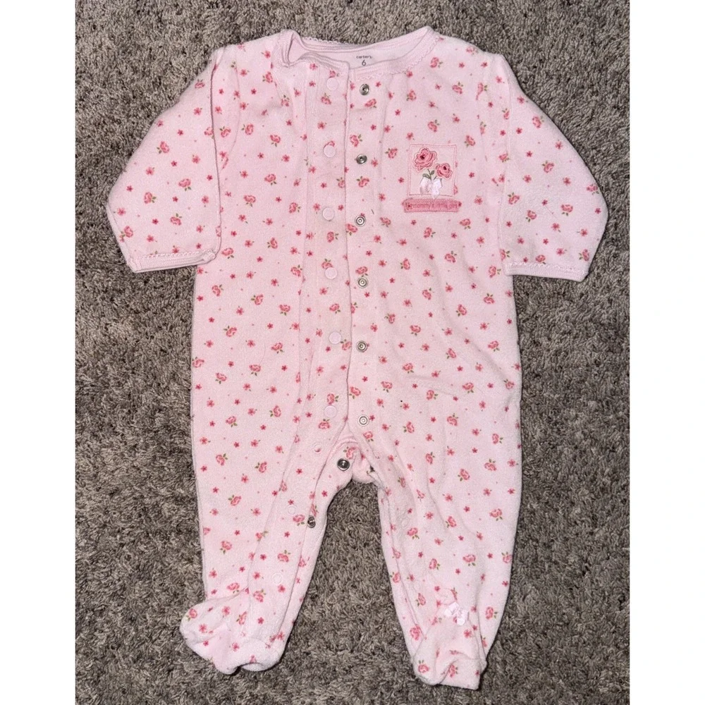 Carter's Baby Girls Pink Rosebuds Terry Sleeper Footed Buttons Flowers 6 Month